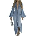 thumbnail image 1 of Women'S Denim Jumpsuit Romper Long Bell Sleeve Button Down One-Piece Pants Outfit Light Blue XL, 1 of 8