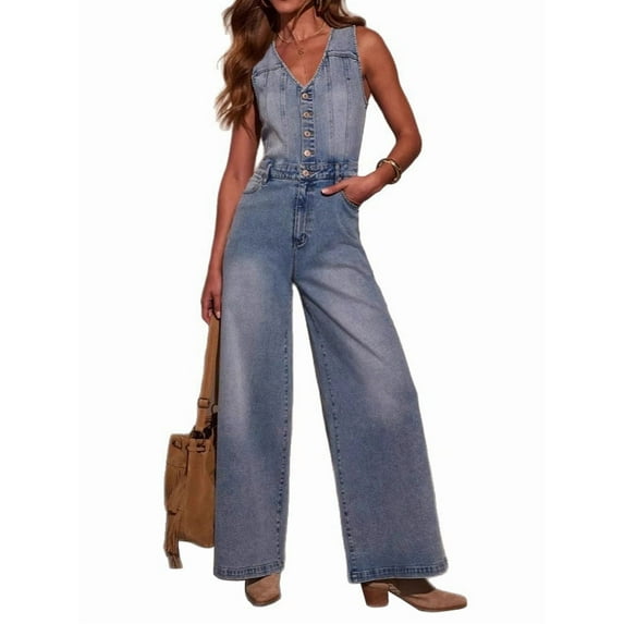 Women'S Denim Overalls Jumpsuits Sleeveless Button Down V Neck Wide Leg Jeans Long Pants Rompers Light Blue L