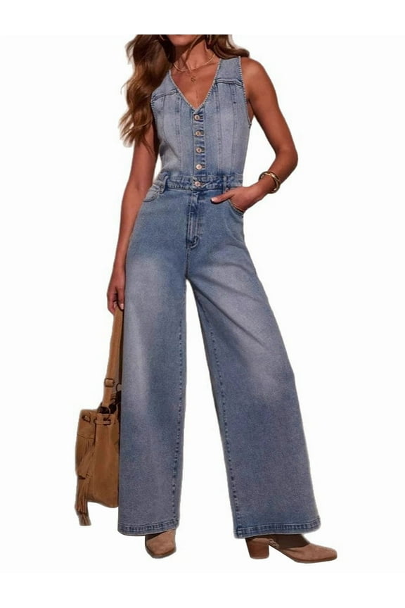 Women'S Denim Overalls Jumpsuits Sleeveless Button Down V Neck Wide Leg Jeans Long Pants Rompers Light Blue S