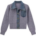 thumbnail image 1 of Women'S Denim Patchwork Sweater Cardigan With Ribbed Knit Notched Collar Loose Fit Tummy Control Tops, 1 of 11