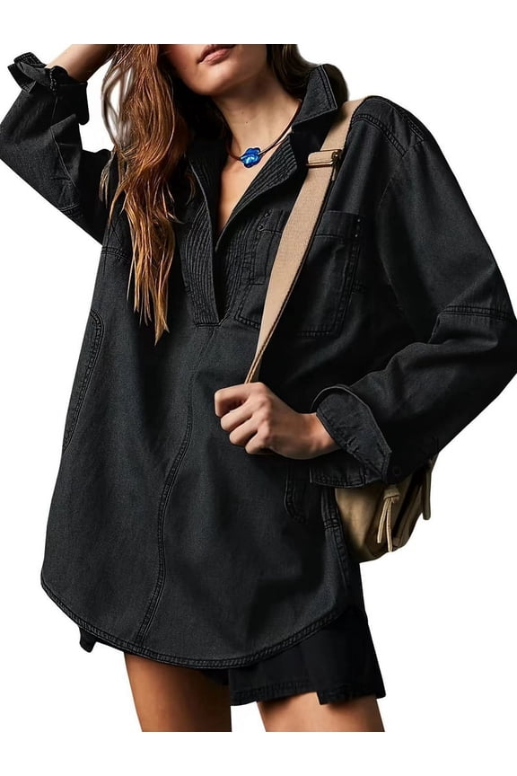 Women'S Denim Pullover Casual Button V Neck Blouse Loose Fit Long Sleeve Jean Jacket with Pocket Black XXL