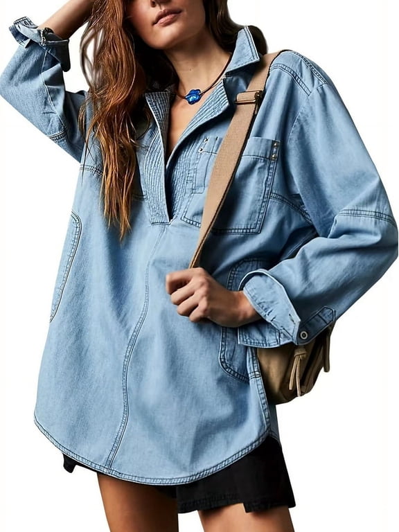 Women'S Denim Pullover Casual Button V Neck Blouse Loose Fit Long Sleeve Jean Jacket with Pocket Blue L