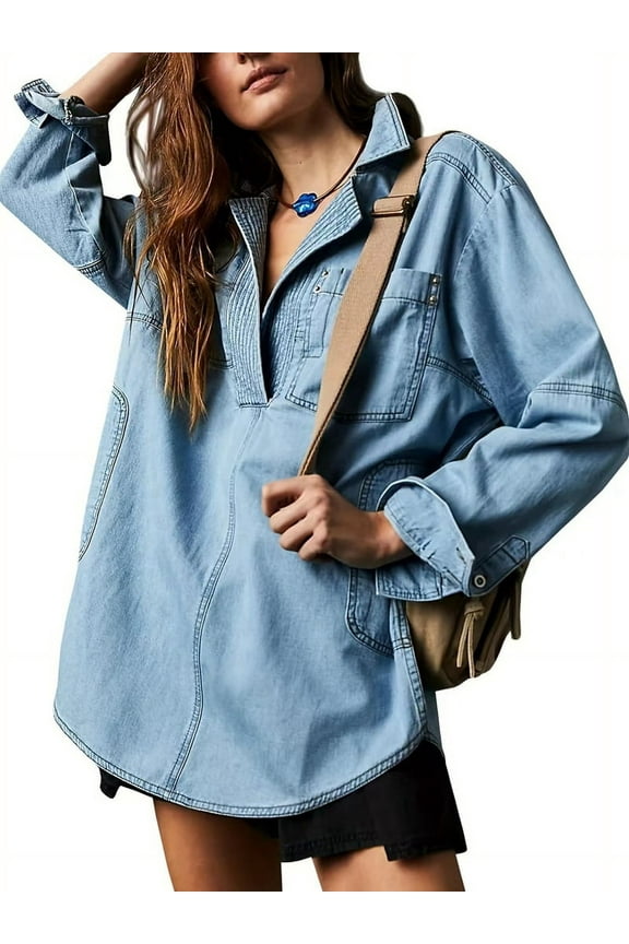 Women'S Denim Pullover Casual Button V Neck Blouse Loose Fit Long Sleeve Jean Jacket with Pocket Blue L