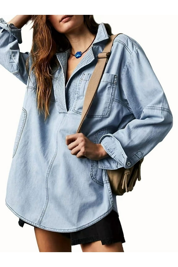 Women'S Denim Pullover Casual Button V Neck Blouse Loose Fit Long Sleeve Jean Jacket with Pocket Light Blue S