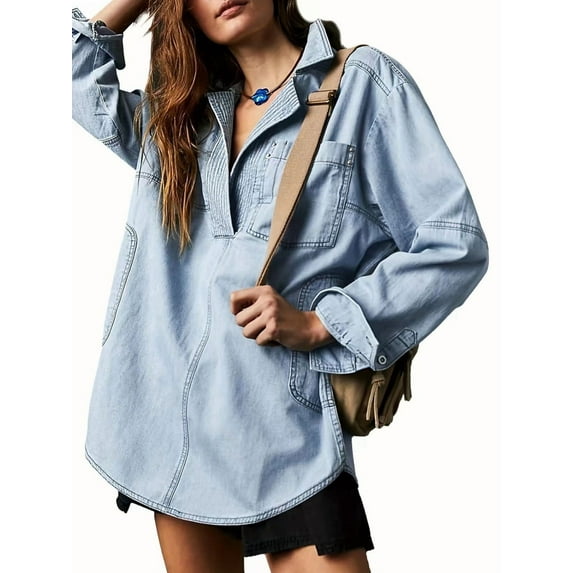 Women'S Denim Pullover Casual Button V Neck Blouse Loose Fit Long Sleeve Jean Jacket with Pocket Light Blue XL