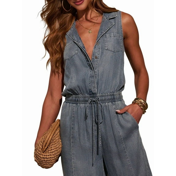 Women'S Denim Scoop Neck Sleeveless Drawstring Waist Jumpsuits Overall Rompers Blue S