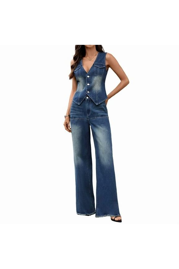 Women'S Denim Set 2 Piece Outfits V Neck Sleeveless Matching Sets Wide Leg Jeans Waistcoat Jean Vest Blue XL