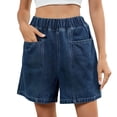 thumbnail image 1 of Women'S Denim Shorts, Elastic Wasit Mid Rise Loose Fit with 2 Front Pockets Deep Blue XXL, 1 of 9