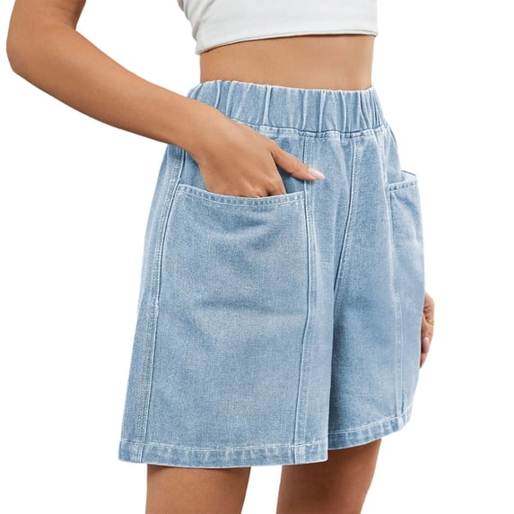 Women'S Denim Shorts, Elastic Wasit Mid Rise Loose Fit with 2 Front Pockets Light Blue XXL