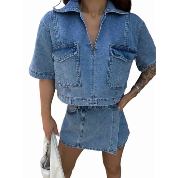 Women'S Denim Skort Set Summer V Neck Short Sleeve Top High Waist Asymmetrical Skirt Pants Light Blue XL