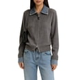 thumbnail image 1 of Women'S Denim Spliced Collar Zip‑Up Knit Cardigan Top Dark Gray One size, 1 of 7