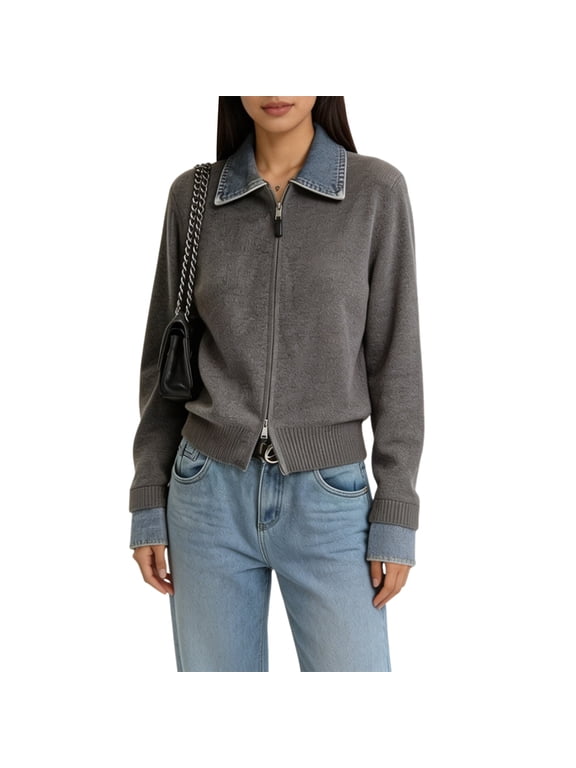 Women'S Denim Spliced Collar Zip‑Up Knit Cardigan Top Dark Gray One size