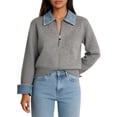 thumbnail image 1 of Women'S Denim Spliced Collar Zip‑Up Knit Cardigan Top Gray One size, 1 of 7