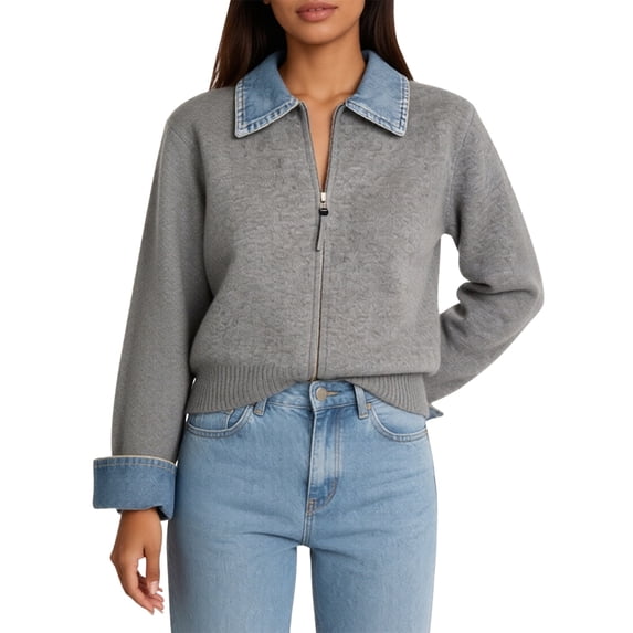 Women'S Denim Spliced Collar Zip‑Up Knit Cardigan Top Gray One size
