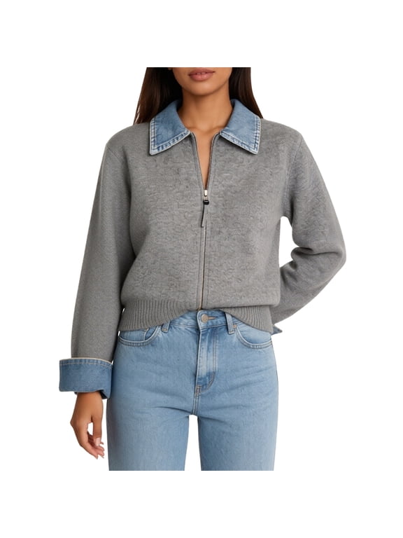 Women'S Denim Spliced Collar Zip‑Up Knit Cardigan Top Gray One size