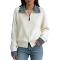 thumbnail image 1 of Women'S Denim Spliced Collar Zip‑Up Knit Cardigan Top White One size, 1 of 7