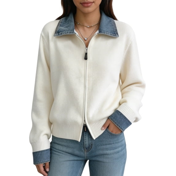 Women'S Denim Spliced Collar Zip‑Up Knit Cardigan Top White One size