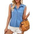 thumbnail image 1 of Women'S Denim Tank Top V Neck Button Down Collared Sleeveless Shirts Casual Blouse Tops Blue S, 1 of 9