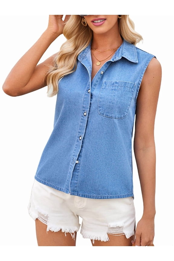 Women'S Denim Tank Top V Neck Button Down Collared Sleeveless Shirts Casual Blouse Tops Blue S