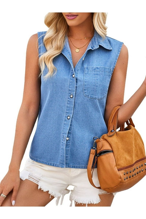 Women'S Denim Tank Top V Neck Button Down Collared Sleeveless Shirts Casual Blouse Tops Blue XL