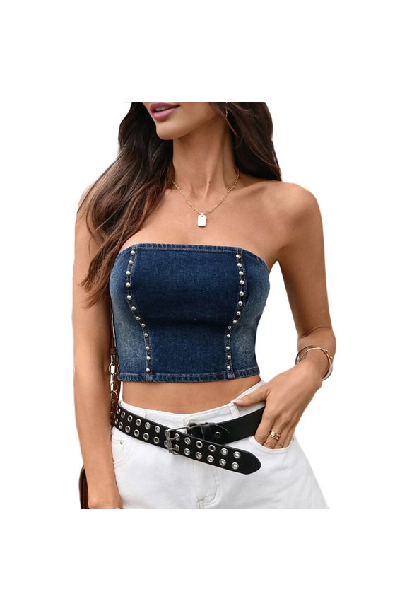Women'S Denim Tube Top Y2k Strapless Sleeveless Zip Back Bandeau Crop Tops Blue M