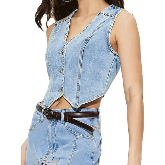Women'S Denim Vest Sleeveless V Neck Jean Vest Top Button Down Crop Waistcoat Vest Blue M