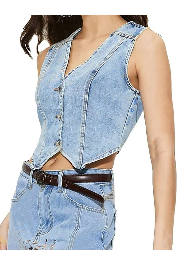 Women'S Denim Vest Sleeveless V Neck Jean Vest Top Button Down Crop Waistcoat Vest Blue M