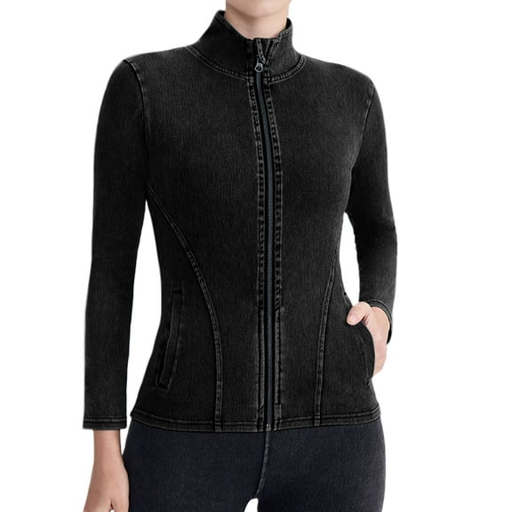 Women'S Denim Zip Front Yoga Jacket High Neck Fitted Workout Top with Pockets Gym Athletic Wear Black XL