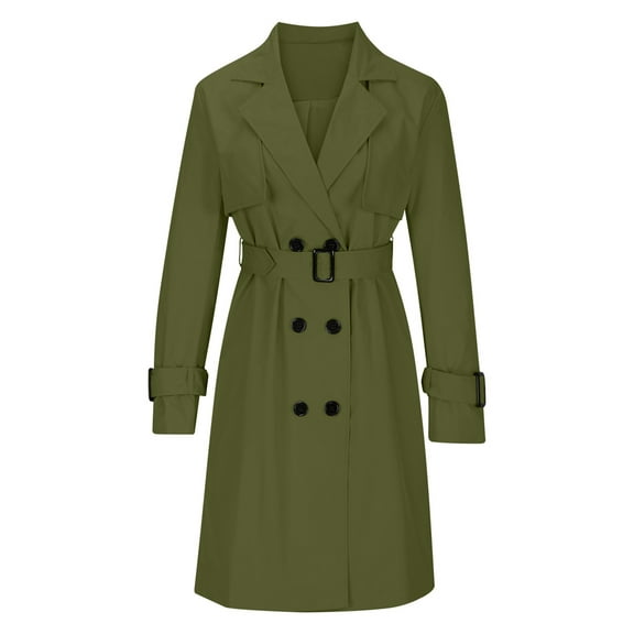 Women'S Double Breasted Long Sleeves Long Trench Coat Windproof Classic Lapel Slim Overcoat with Belt Army Green L