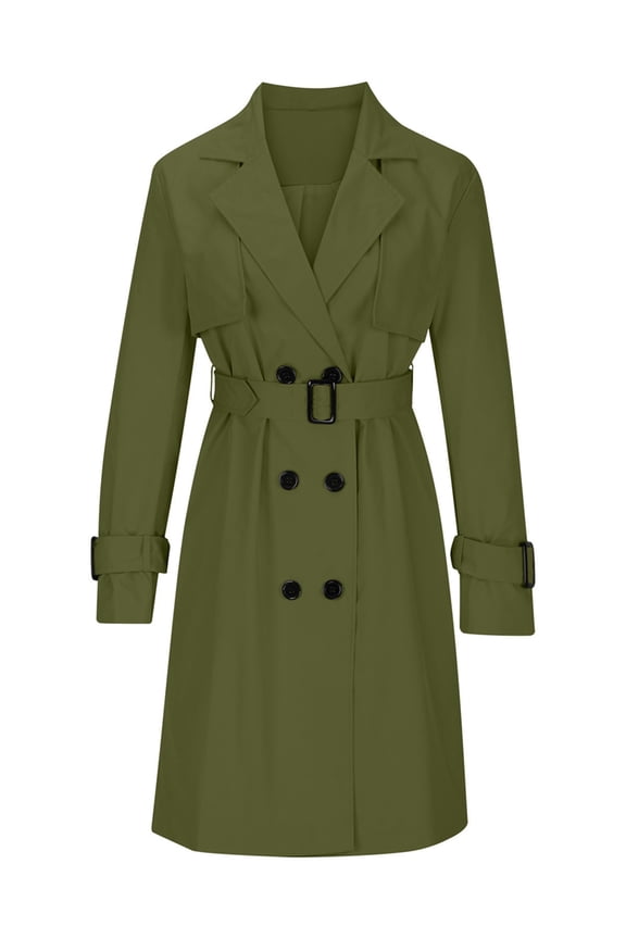 Women'S Double Breasted Long Sleeves Long Trench Coat Windproof Classic Lapel Slim Overcoat with Belt Army Green L
