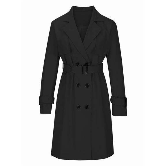 Women'S Double Breasted Long Sleeves Long Trench Coat Windproof Classic Lapel Slim Overcoat with Belt Black L