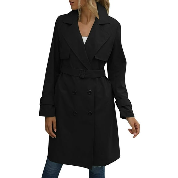 Women'S Double Breasted Long Sleeves Long Trench Coat Windproof Classic Lapel Slim Overcoat with Belt Black L