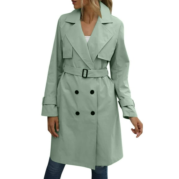 Women'S Double Breasted Long Sleeves Long Trench Coat Windproof Classic Lapel Slim Overcoat with Belt Green L