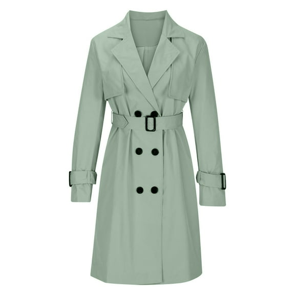 Women'S Double Breasted Long Sleeves Long Trench Coat Windproof Classic Lapel Slim Overcoat with Belt Green M