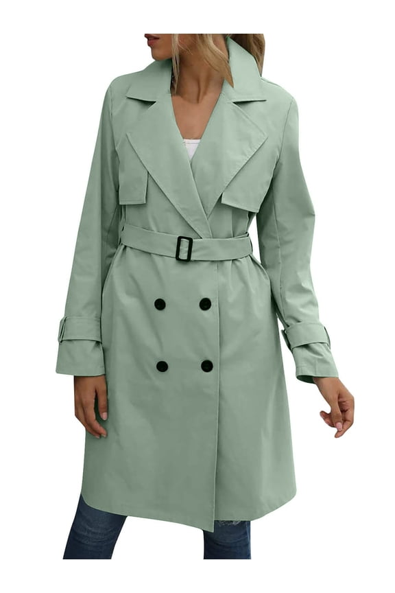 Women'S Double Breasted Long Sleeves Long Trench Coat Windproof Classic Lapel Slim Overcoat with Belt Green XL