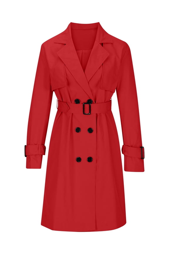 Women'S Double Breasted Long Sleeves Long Trench Coat Windproof Classic Lapel Slim Overcoat with Belt Red L