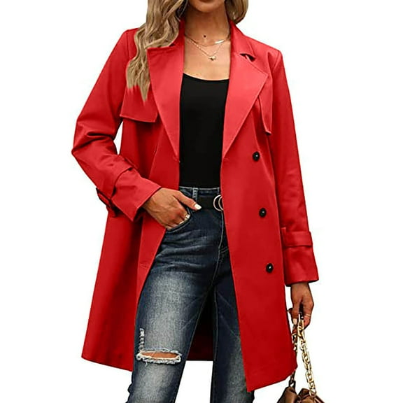 Women'S Double Breasted Long Sleeves Long Trench Coat Windproof Classic Lapel Slim Overcoat with Belt Red S