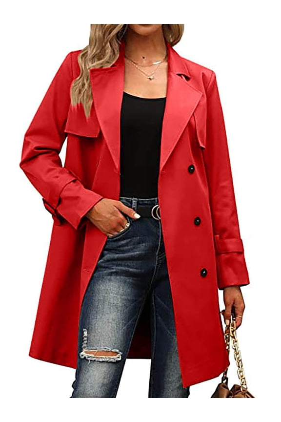 Women'S Double Breasted Long Sleeves Long Trench Coat Windproof Classic Lapel Slim Overcoat with Belt Red XL
