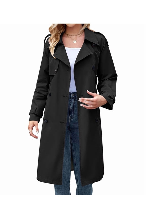 Women'S Double Breasted Long Trench Coat Windproof Classic Lapel Slim Overcoat with Belt Black M