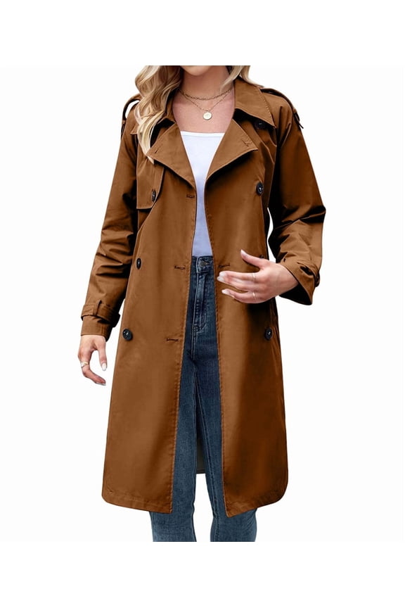 Women'S Double Breasted Long Trench Coat Windproof Classic Lapel Slim Overcoat with Belt Brown L