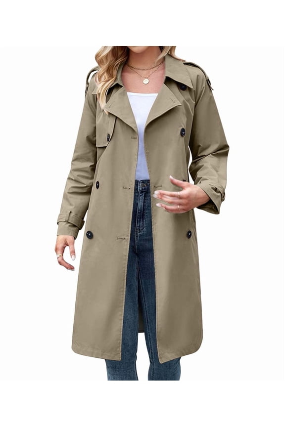 Women'S Double Breasted Long Trench Coat Windproof Classic Lapel Slim Overcoat with Belt Olive Green XXL