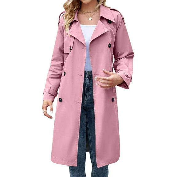 Women'S Double Breasted Long Trench Coat Windproof Classic Lapel Slim Overcoat with Belt Pink XL