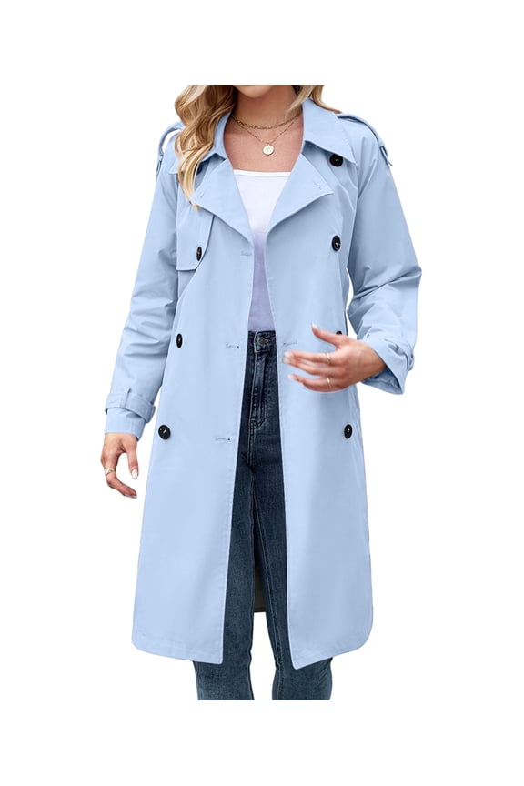 Women'S Double Breasted Long Trench Coat Windproof Classic Lapel Slim Overcoat with Belt L