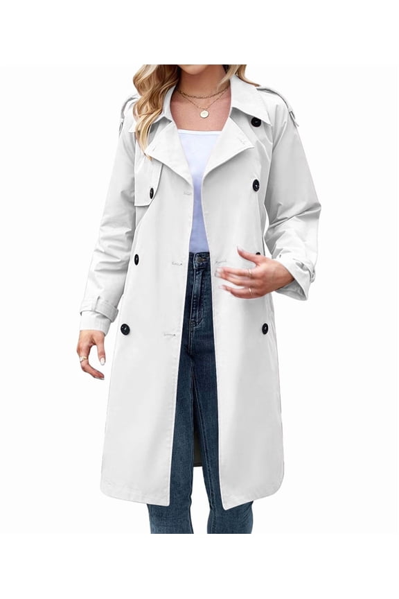 Women'S Double Breasted Long Trench Coat Windproof Classic Lapel Slim Overcoat with Belt White L