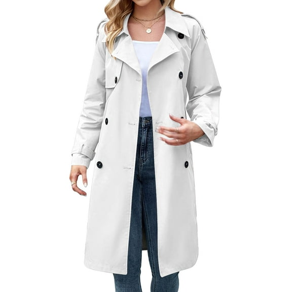 Women'S Double Breasted Long Trench Coat Windproof Classic Lapel Slim Overcoat with Belt White M