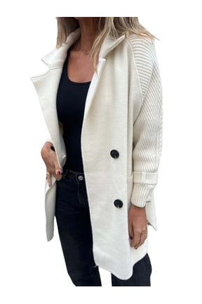 Women'S Double Breasted Wool Pea Coat Notched Lapel Cable Knit Raglan Sleeve Sweater with Cuff Straps Milky White XL