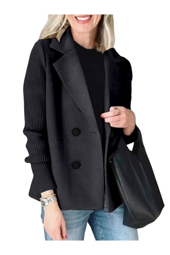 Women'S Double Breasted Wool Pea Coat Notched Lapel Ribbed Knit Long Sleeve Sweater Short Blazer Jacket Black XXXL