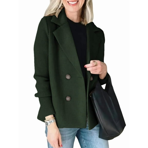 Women'S Double Breasted Wool Pea Coat Notched Lapel Ribbed Knit Long Sleeve Sweater Short Blazer Jacket Green M
