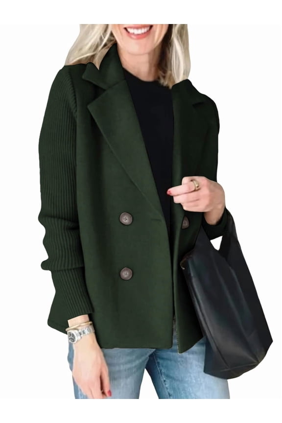 Women'S Double Breasted Wool Pea Coat Notched Lapel Ribbed Knit Long Sleeve Sweater Short Blazer Jacket Green M