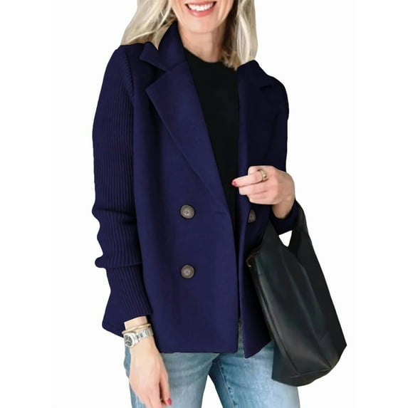 Women'S Double Breasted Wool Pea Coat Notched Lapel Ribbed Knit Long Sleeve Sweater Short Blazer Jacket Navy Blue L